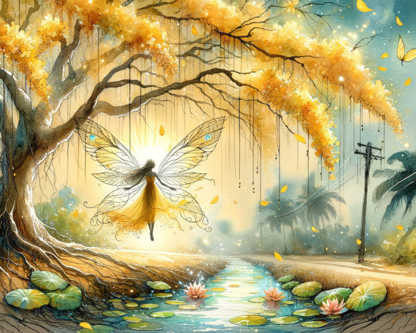 Whimsical Fairy Scene with Vibrant Tree and Pond