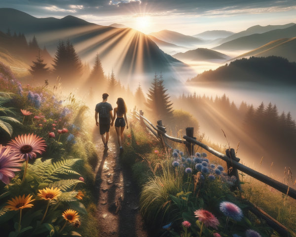 Couple Walking Along a Scenic Sunrise Path