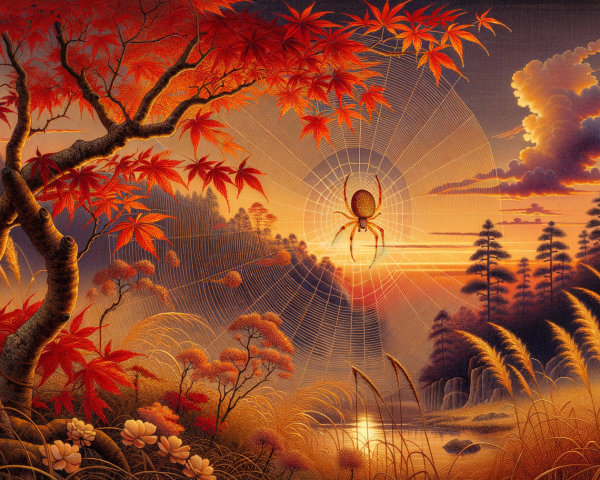 Autumn Landscape with Maple Leaves and Sunrise