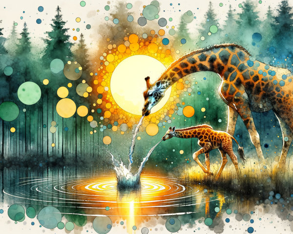 Watercolor Illustration of Giraffe Family by Pond