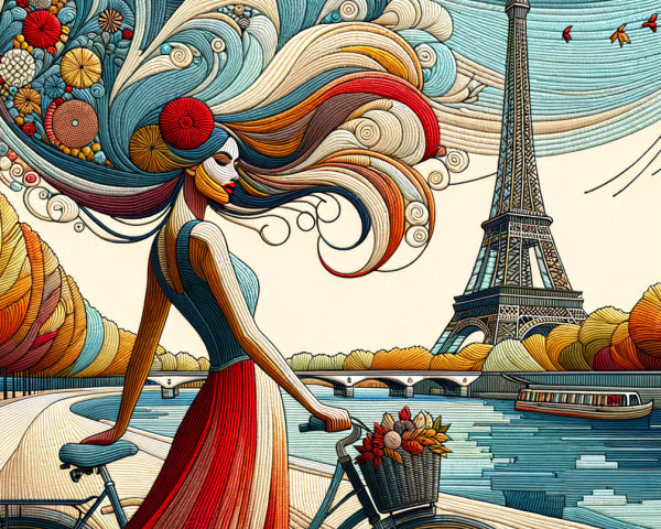 Stylized Woman Biking by Scenic Riverbank and Eiffel Tower