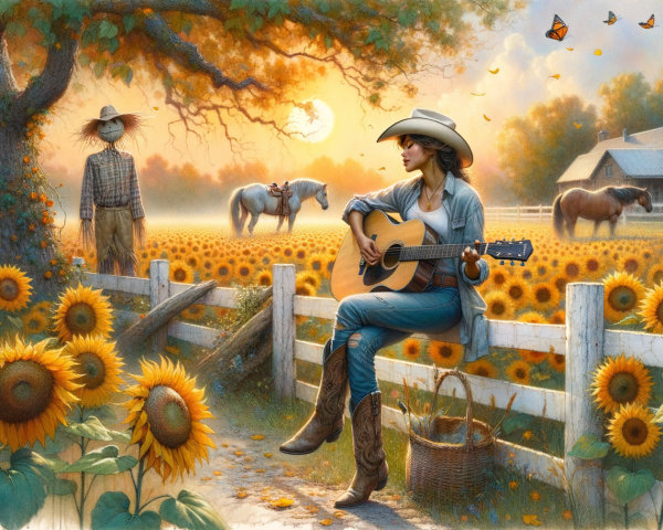 Woman in Cowboy Boots Plays Guitar at Sunset
