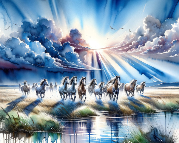 Watercolor of Wild Horses Galloping by Water Body