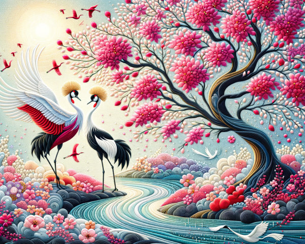 Stylized Scene of Cranes by a Serene River