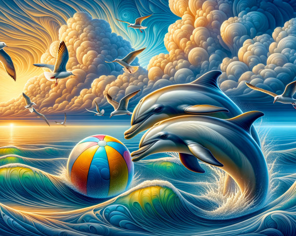 Dolphins Playfully Interact with Beach Ball at Sunset