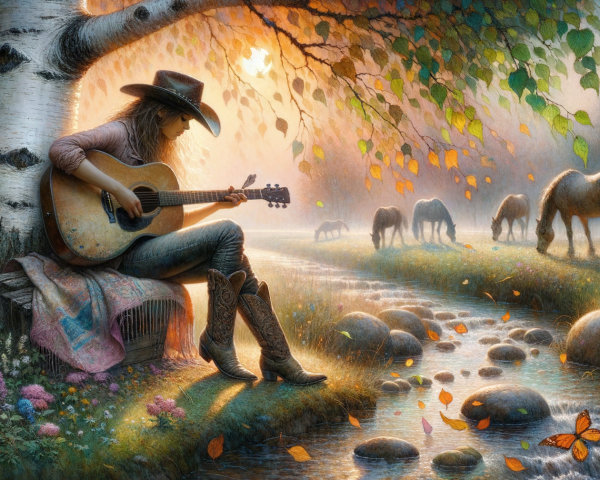 Woman in Cowboy Hat Playing Guitar by Stream
