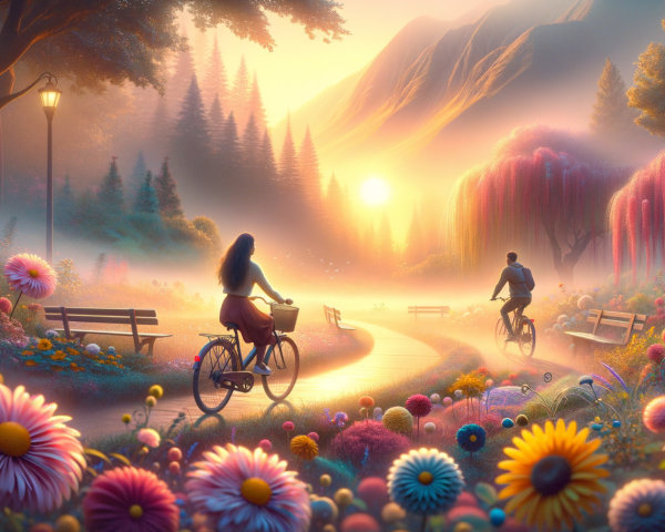 Serene Park at Sunrise with Cyclists and Flowers