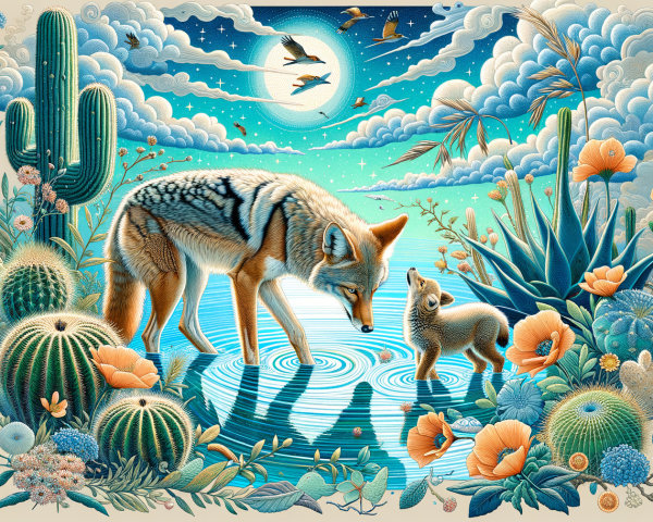 Desert Scene with Coyote and Vibrant Flora