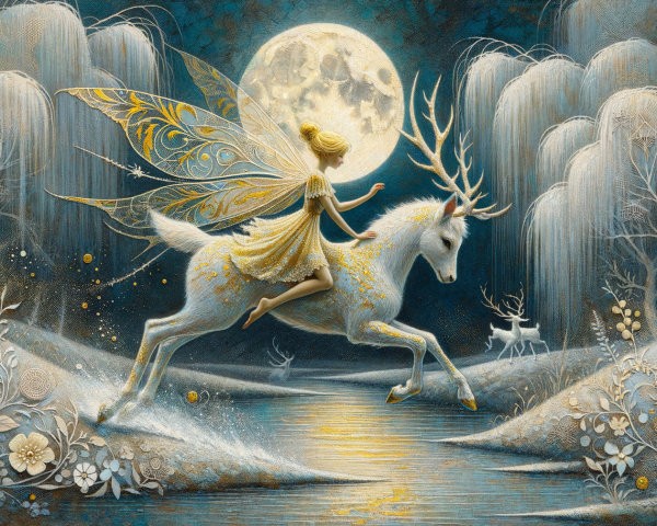 Art Nouveau Painting of Fairy and White Stag