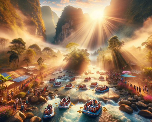 Riverside Adventure Scene with Mountains and Rafts