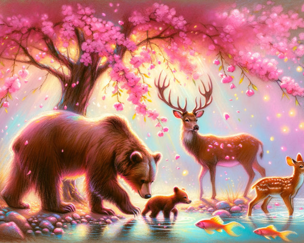 Bear and Cub by Pond with Cherry Blossoms and Deer