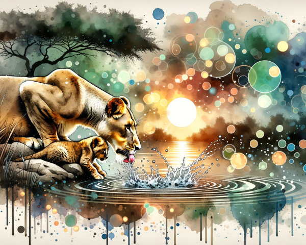 Lioness and Cub by Water with Sunset Background