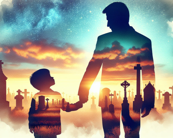 Silhouette of Man and Child at Twilight in Cemetery