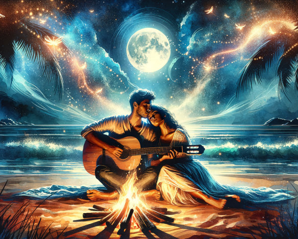 Moonlit Beach Romance with Guitar and Starry Sky