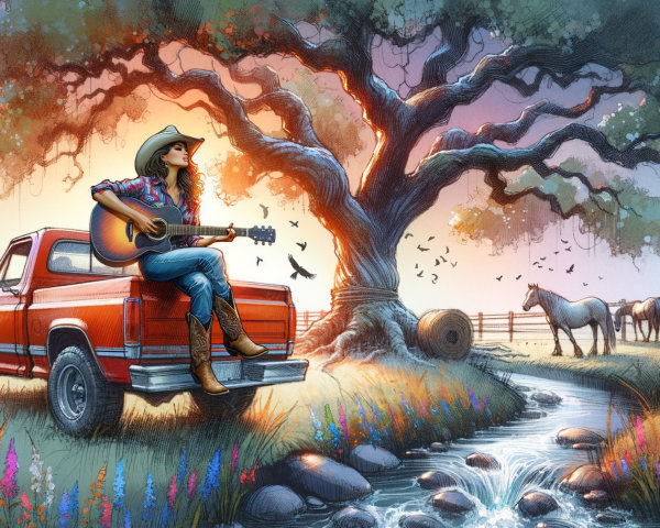 Serene Countryside Sunset with Guitar and Wildflowers