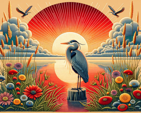 Heron on Stump Amidst Flowers and Sunset Sky