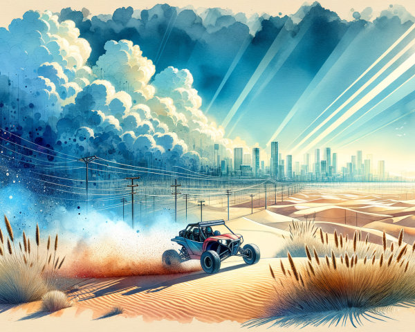 Dune Buggy in Desert with City Skyline Background