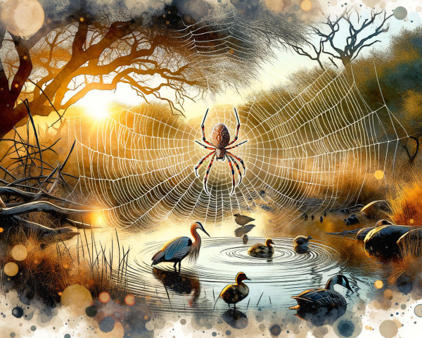Twilight Scene of Spider Web Over Serene Pond