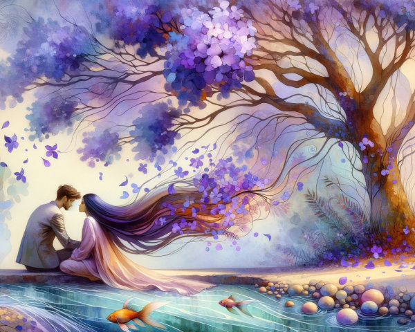 Watercolor Painting of a Couple Under Jacaranda Tree