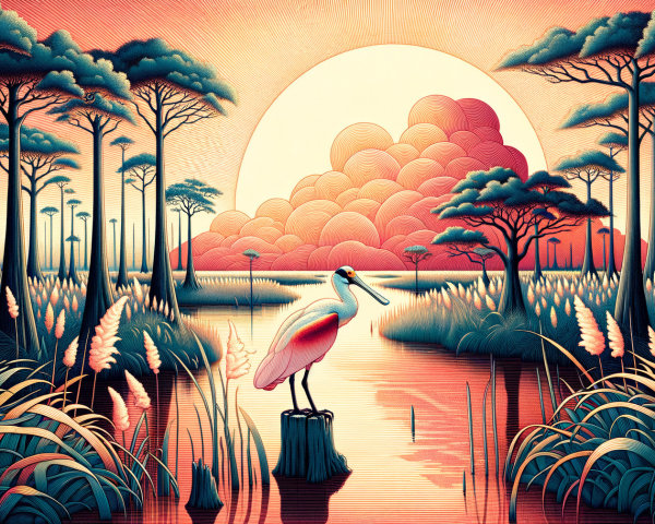 Colorful Art Nouveau Illustration of Spoonbill in Swamp