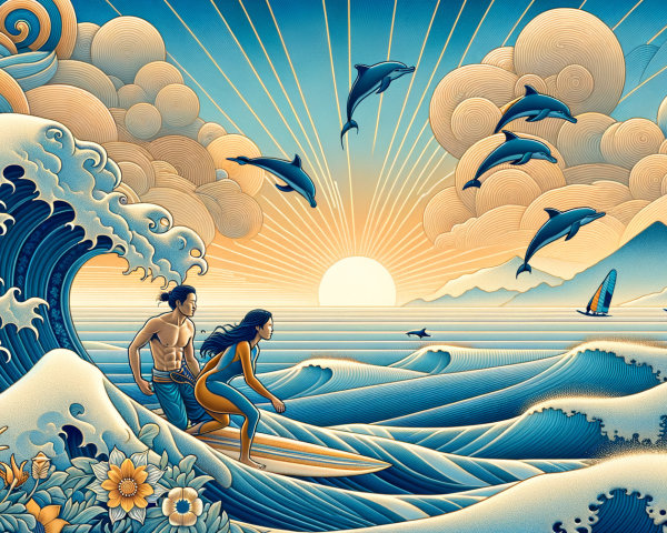 Vibrant Ocean Scene with Dolphins and Surfers Illustration