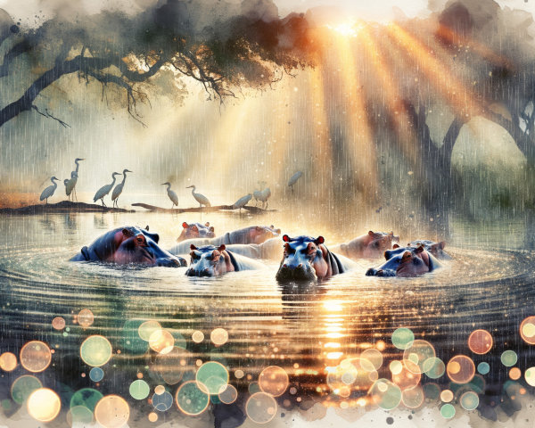 Hippos in a tranquil river under sunlight and trees