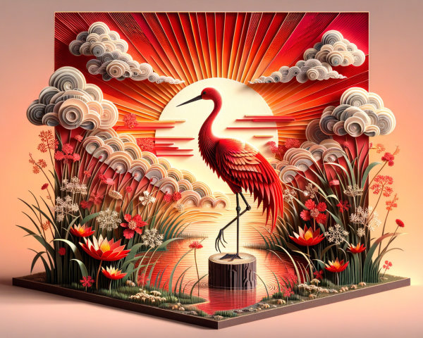 Diorama of Crane in Sunset with Vibrant Flowers
