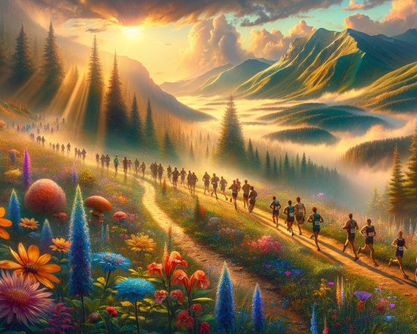 Vibrant Landscape with Runners and Majestic Mountains