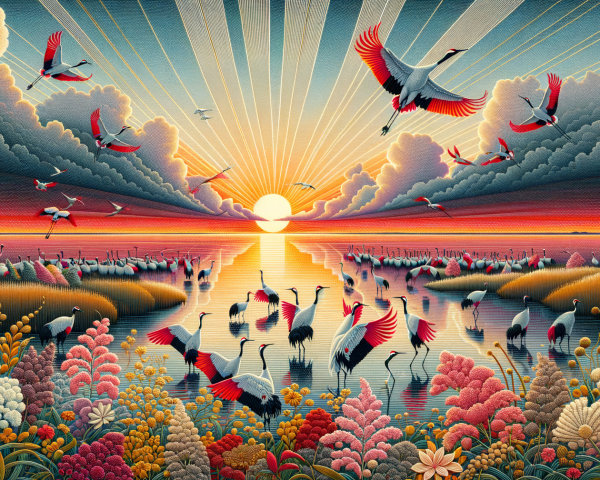 Serene Landscape with Sunset and Cranes Reflection