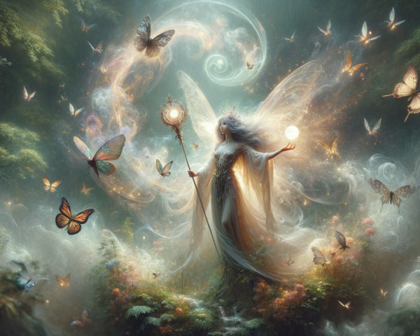 Fairy in a Magical Forest with Glowing Orbs and Butterflies