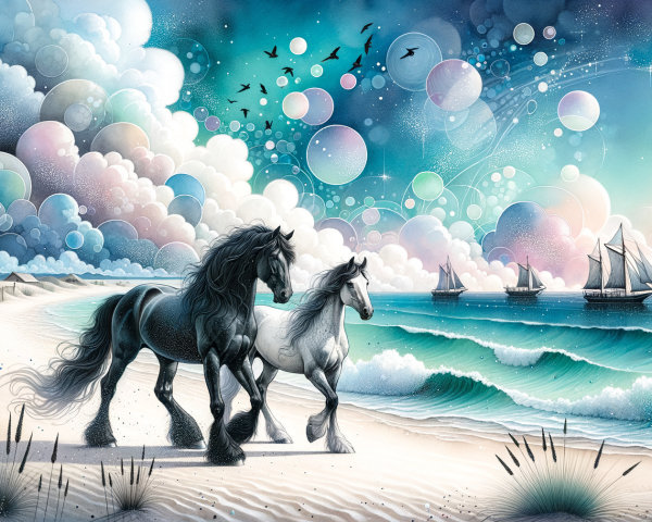 Coastal Scene with Galloping Horses and Bubbles