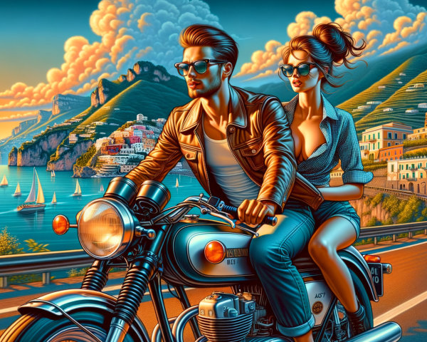 Couple Riding Classic Motorcycle on Coastal Road
