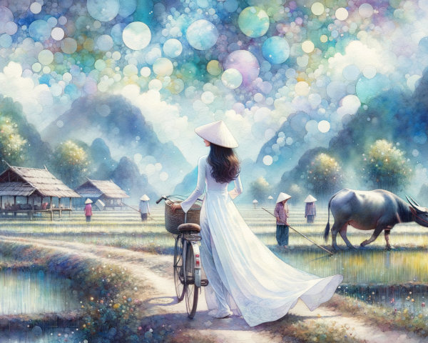 Young Woman Walking Bicycle in Rice Field Landscape