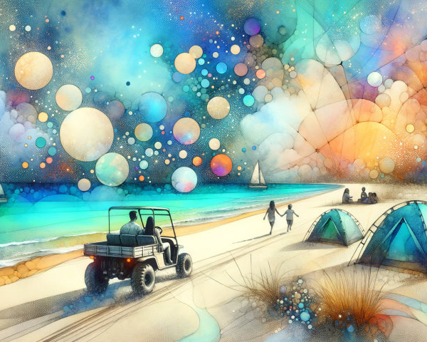 Vibrant Beach Scene with Abstract Bubbles and Sailboats