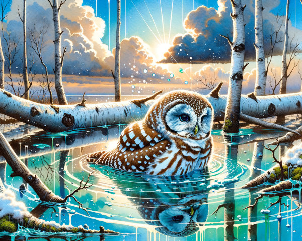 Owl on Water in Sunset Landscape with Birch Trees