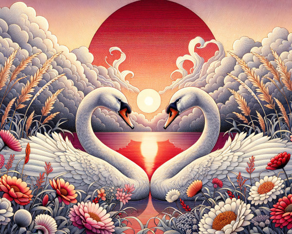 Swans Forming Heart Shape at Vibrant Sunset Scene