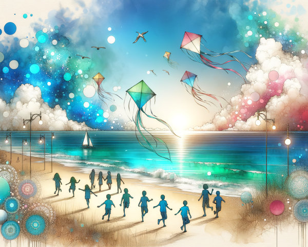 Vibrant Sunset Beach Scene with Kites and Waves