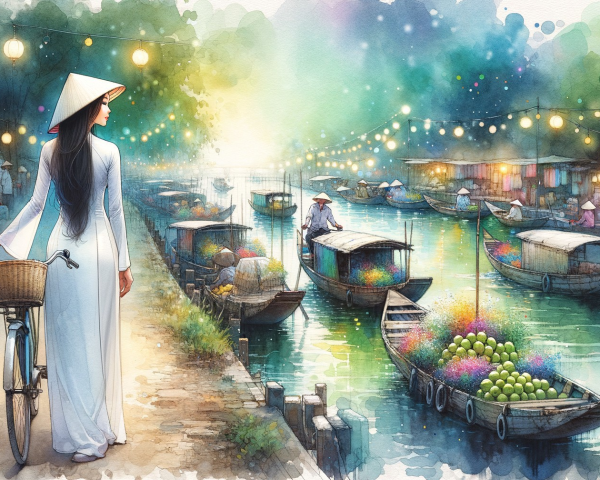 Riverside Market Scene at Dusk with Lanterns and Boats