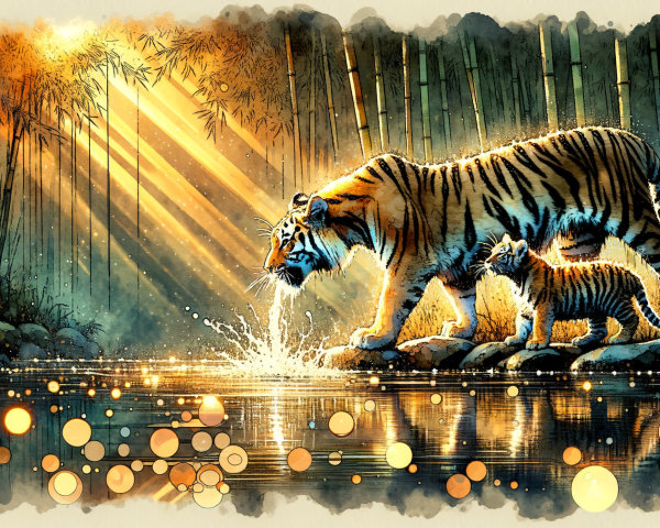 Mother Tiger and Cub at Serene Bamboo Pond