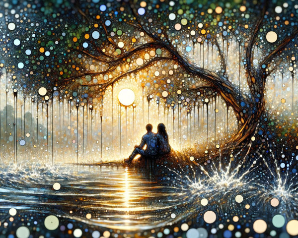 Intimate Scene Under a Tree with Colorful Light Orbs