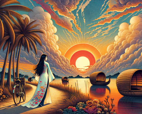 Serene Landscape with Woman by Tranquil Lake at Sunset