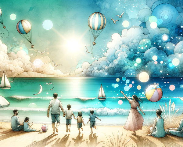 Family Beach Day with Hot Air Balloons and Waves