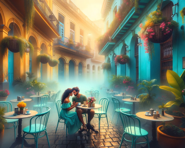Romantic Alley Scene with Flowers and Cozy Cafe