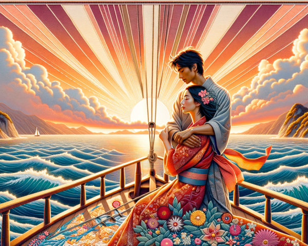 Couple Embraced on Boat at Serene Sunset