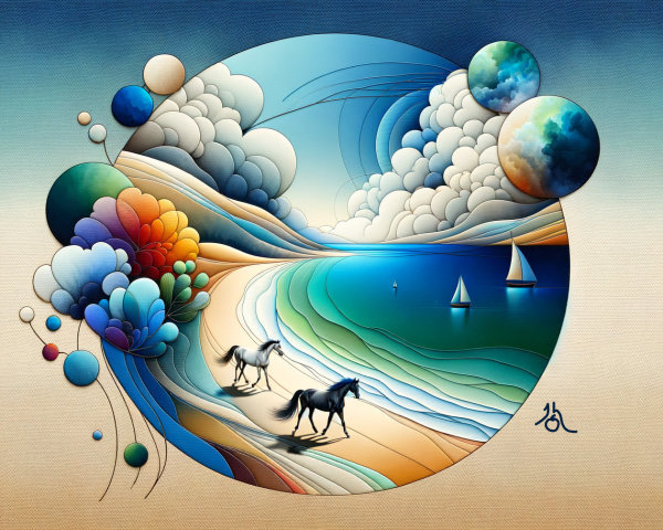 Surreal Landscape with Horses and Two Moons