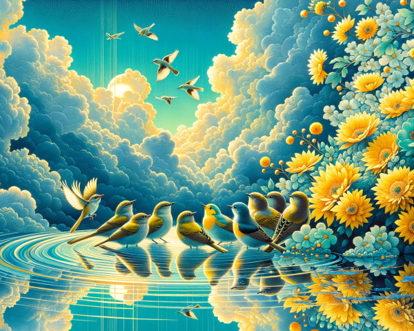 Vibrant Landscape with Tranquil Pool and Birds