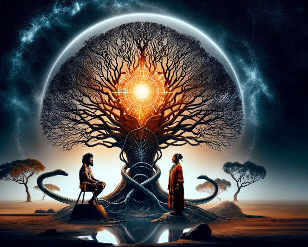Surreal Landscape with Figures and Majestic Tree