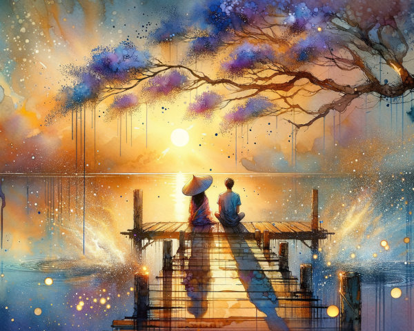 Watercolor Scene of Figures on Pier at Sunset