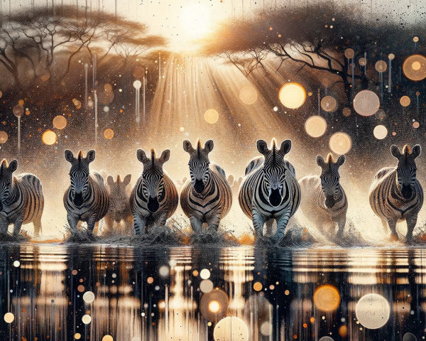 Zebras Walking Through Shallow Waters with Reflections