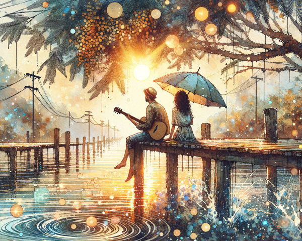 Watercolor Scene of Couple on Dock in Golden Light